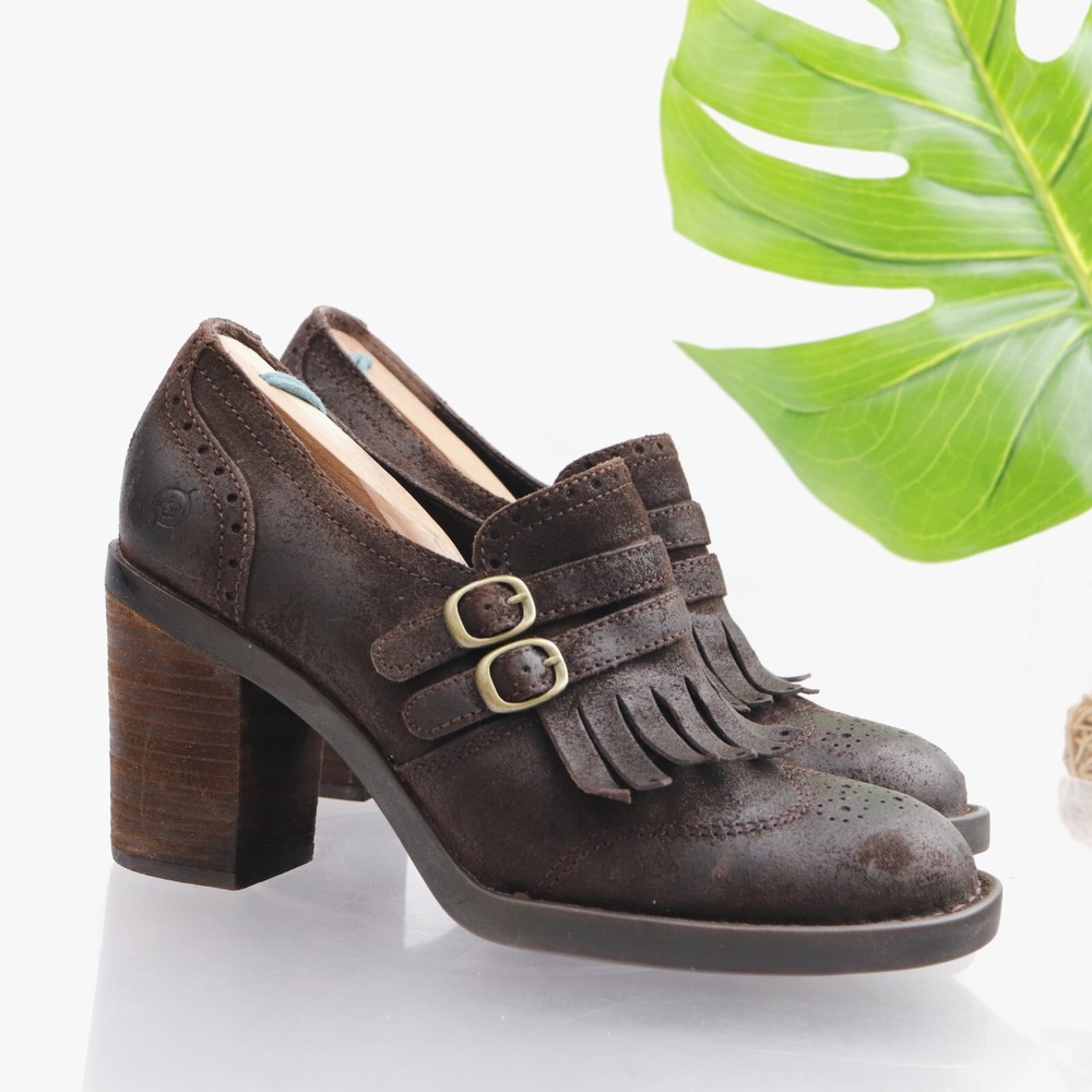 Born Shoes Womens Loafer Pumps Size 8.5 Brown Leather Kiltie Buckles Block Heel
